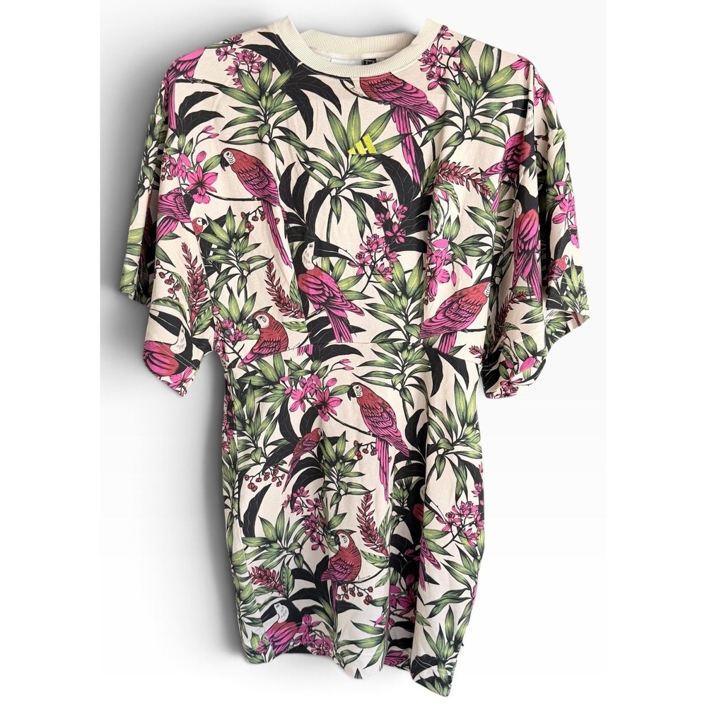 adidas Size M x FARM Rio T-Shirt Dress Tropical Parrot Bird Print Cream NWT